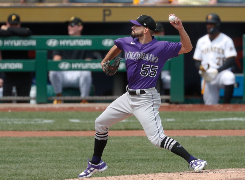 May 10, 2023; Pittsburgh, Pennsylvania, USA;  Colorado Rockies relief pitcher Brad Hand (55) pitches against the Pittsburgh Pirates during the sixth inning at PNC Park. Colorado won 4-3. Mandatory Credit: Charles LeClaire-USA TODAY Sports