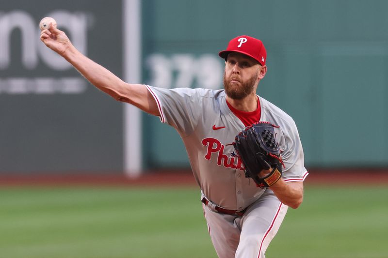 Jun 11, 2024; Boston, Massachusetts, USA; Philadelphia Phillies starting pitcher Zack Wheeler (45) throws a pitch during the first inning against the Boston Red Sox at Fenway Park. Mandatory Credit: Paul Rutherford-USA TODAY Sports