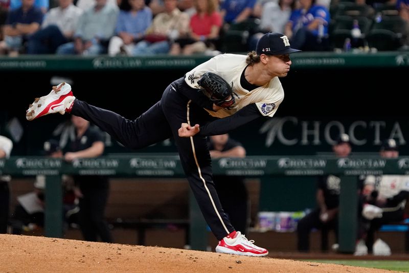 Jul 5, 2024; Arlington, Texas, USA; Texas Rangers pitcher Jacob Latz (67) throws to the plate during the seventh inning against the Tampa Bay Rays at Globe Life Field. Mandatory Credit: Raymond Carlin III-USA TODAY Sports