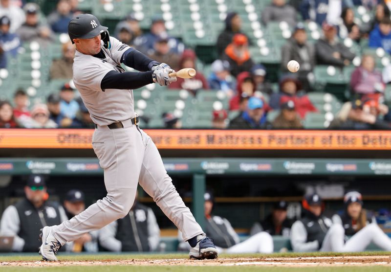 Apr 9, 2025; Detroit, Michigan, USA;  New York Yankees first base Paul Goldschmidt (48) hits a single in the second inning against the Detroit Tigers at Comerica Park. Mandatory Credit: Rick Osentoski-Imagn Images