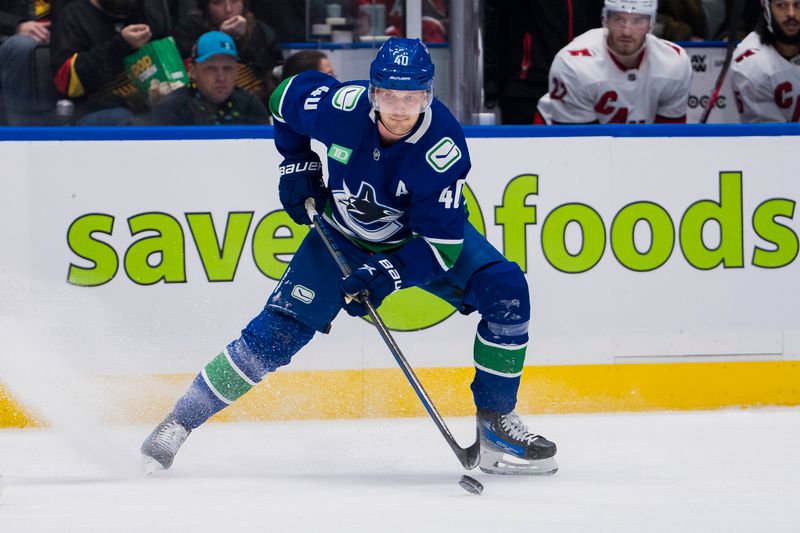 Dec 9, 2023; Vancouver, British Columbia, CAN; Vancouver Canucks forward Elias Pettersson (40) handles the puck against the Carolina Hurricanes in the first period at Rogers Arena. Mandatory Credit: Bob Frid-USA TODAY Sports