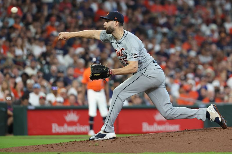 Oct 2, 2024; Houston, Texas, USA; Detroit Tigers pitcher Brenan Hanifee (75) throws against the Houston Astros during the second inning of game two of the Wildcard round for the 2024 MLB Playoffs at Minute Maid Park. Mandatory Credit: Thomas Shea-Imagn Images