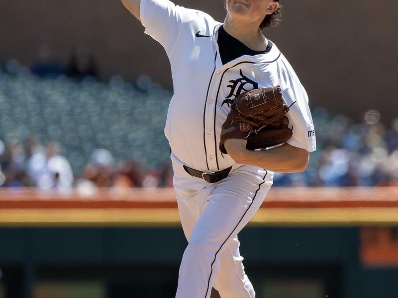 Apr 26, 2024; Detroit, Michigan, USA; Detroit Tigers pitcher Reese Olson (45) throws in the first inning against the Kansas City Royals at Comerica Park. Mandatory Credit: David Reginek-USA TODAY Sports