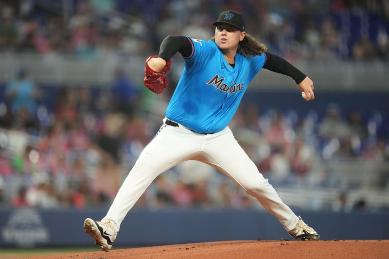 Apr 28, 2024; Miami, Florida, USA;  Miami Marlins starting pitcher Ryan Weathers (60) pitches in the first inning against the Washington Nationals at loanDepot Park. Mandatory Credit: Jim Rassol-USA TODAY Sports