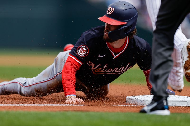 Apr 20, 2025; Denver, Colorado, USA; Washington Nationals right fielder Dylan Crews (3) safely steals third and advances home on a throwing error against the Colorado Rockies in the second inning at Coors Field. Mandatory Credit: Isaiah J. Downing-Imagn Images