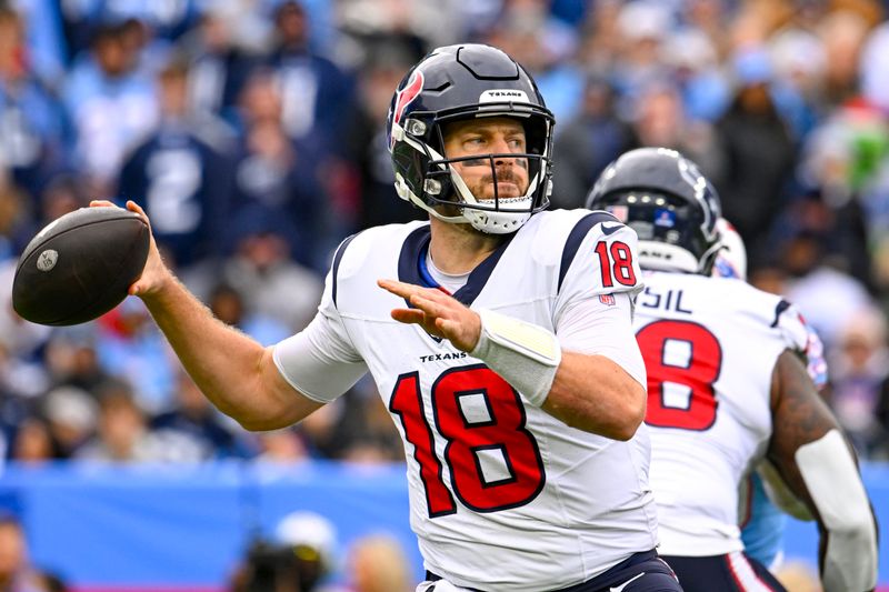 Houston Texans quarterback Case Keenum (18) against the Tennessee Titans during an NFL football game Sunday, Dec. 17, 2023, in Nashville, Tenn. (AP Photo/John Amis)