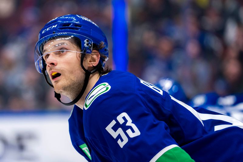 Oct 11, 2024; Vancouver, British Columbia, CAN; Vancouver Canucks forward Teddy Blueger (53) during a stop in play against the Philadelphia Flyers during the second period at Rogers Arena. Mandatory Credit: Bob Frid-Imagn Images