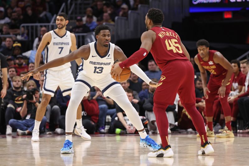 CLEVELAND, OH - FEBRUARY 23: Jaren Jackson Jr. #13 of the Memphis Grizzlies plays defense during the game against the Cleveland Cavaliers on February 23, 2025 at Rocket Arena in Cleveland, Ohio. NOTE TO USER: User expressly acknowledges and agrees that, by downloading and/or using this Photograph, user is consenting to the terms and conditions of the Getty Images License Agreement. Mandatory Copyright Notice: Copyright 2025 NBAE (Photo by Joe Murphy/NBAE via Getty Images)