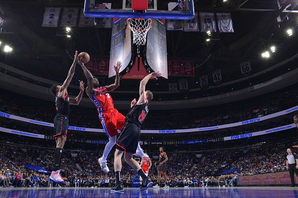 PHILADELPHIA, PA - DECEMBER 22: Joel Embiid #21 of the Philadelphia 76ers drives to the basket during the game against the Toronto Raptors on December 22, 2023 at the Wells Fargo Center in Philadelphia, Pennsylvania NOTE TO USER: User expressly acknowledges and agrees that, by downloading and/or using this Photograph, user is consenting to the terms and conditions of the Getty Images License Agreement. Mandatory Copyright Notice: Copyright 2023 NBAE (Photo by Jesse D. Garrabrant/NBAE via Getty Images)