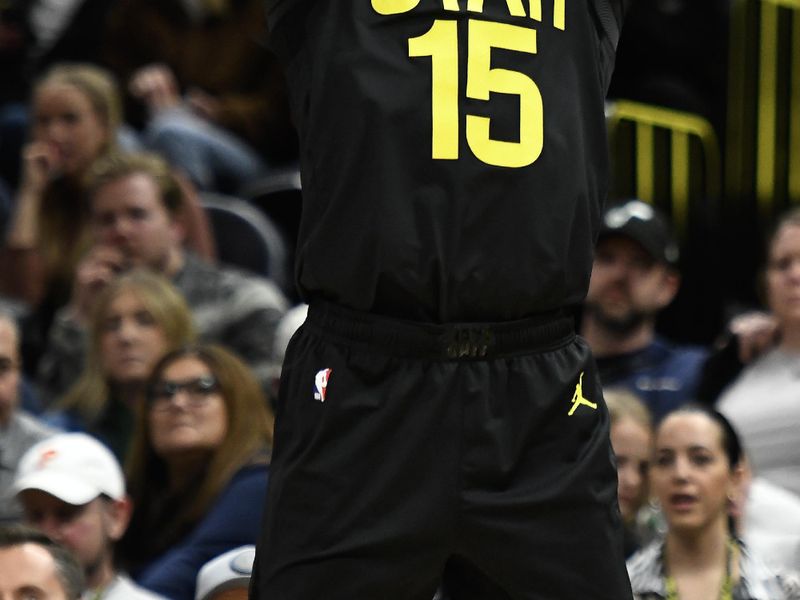 SALT LAKE CITY, UTAH - MARCH 24: Damian Jones #15 of the Utah Jazz shoots during the second half of a game against the Milwaukee Bucks at Vivint Arena on March 24, 2023 in Salt Lake City, Utah. NOTE TO USER: User expressly acknowledges and agrees that, by downloading and or using this photograph, User is consenting to the terms and conditions of the Getty Images License Agreement.  (Photo by Alex Goodlett/Getty Images)