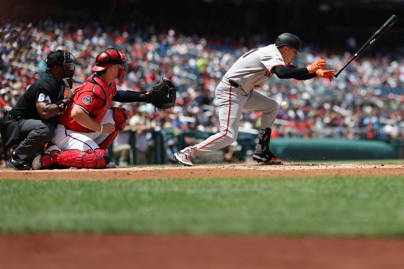 May 25, 2025; Washington, District of Columbia, USA; San Francisco Giants designated hitter Wilmer Flores (41) is hit by a pitch against the Washington Nationals during the second inning at Nationals Park. Mandatory Credit: Geoff Burke-Imagn Images