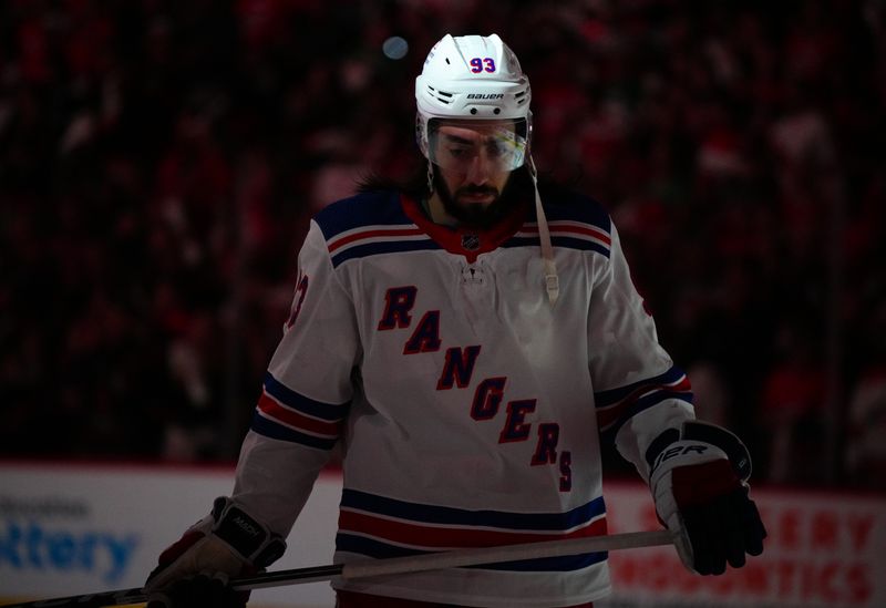 May 16, 2024; Raleigh, North Carolina, USA; New York Rangers center Mika Zibanejad (93) looks on efore the game against the Carolina Hurricanes in game six of the second round of the 2024 Stanley Cup Playoffs at PNC Arena. Mandatory Credit: James Guillory-USA TODAY Sports