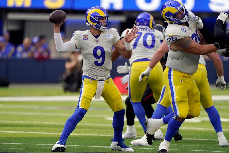 Los Angeles Rams quarterback Matthew Stafford throws a pass during the second half of an NFL football game against the Atlanta Falcons, Sunday, Sept. 18, 2022, in Inglewood, Calif. (AP Photo/Mark J. Terrill)