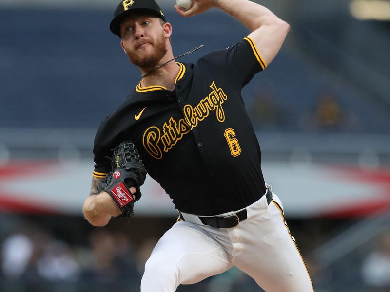 May 20, 2025; Pittsburgh, Pennsylvania, USA; Pittsburgh Pirates starting pitcher Bailey Falter (6) delivers a pitch against the Cincinnati Reds during the first inning at PNC Park. Mandatory Credit: Charles LeClaire-Imagn Images