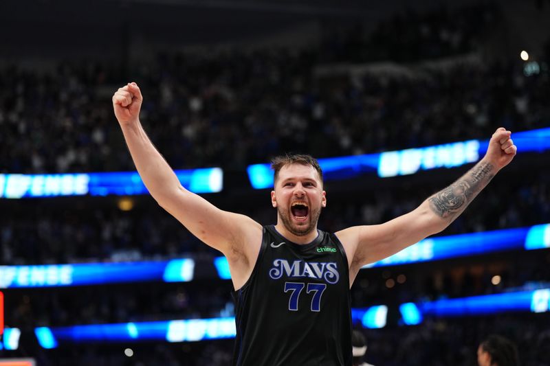 DALLAS, TX - MAY 18: Luka Doncic #77 of the Dallas Mavericks celebrates after the game against the Oklahoma City Thunder during Round 2 Game 6 of the 2024 NBA Playoffs on May 18, 2024 at the American Airlines Center in Dallas, Texas. NOTE TO USER: User expressly acknowledges and agrees that, by downloading and or using this photograph, User is consenting to the terms and conditions of the Getty Images License Agreement. Mandatory Copyright Notice: Copyright 2024 NBAE (Photo by Cooper Neill/NBAE via Getty Images)