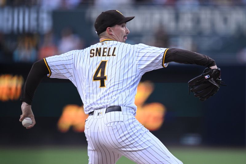 Jul 8, 2023; San Diego, California, USA; San Diego Padres starting pitcher Blake Snell (4) throws a pitch against the New York Mets during the first inning at Petco Park. Mandatory Credit: Orlando Ramirez-USA TODAY Sports