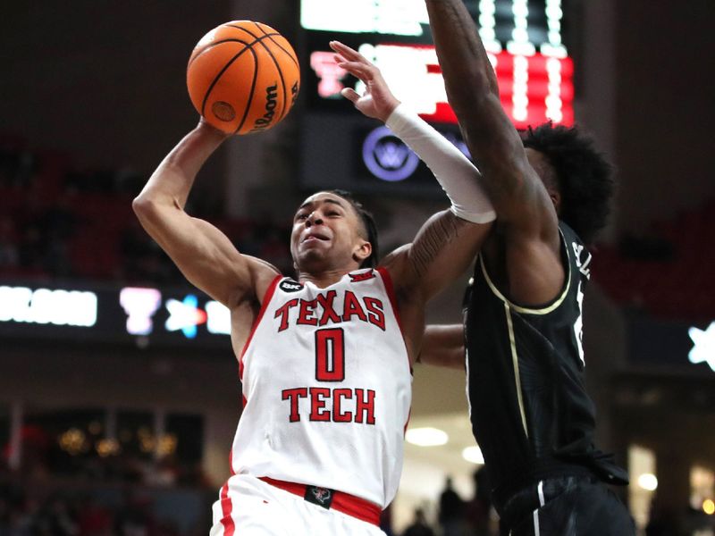 Feb 10, 2024; Lubbock, Texas, USA; Texas Tech Red Raiders guard Chance McMillian (0) shoots against Central Florida Knights guard Jaylin Sellers (24) in the second half at United Supermarkets Arena. Mandatory Credit: Michael C. Johnson-USA TODAY Sports