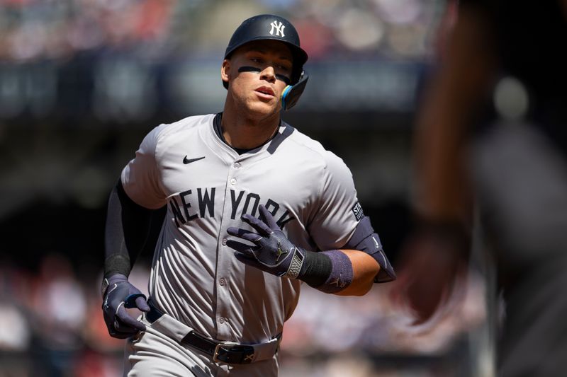 Apr 14, 2024; Cleveland, Ohio, USA; New York Yankees center fielder Aaron Judge (99) runs the bases for his three-run home run during the third inning against the Cleveland Guardians at Progressive Field. Mandatory Credit: Scott Galvin-USA TODAY Sports