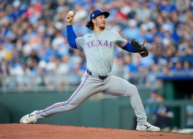 May 3, 2024; Kansas City, Missouri, USA; Texas Rangers pitcher Michael Lorenzen (23) pitches during the second inning against the Kansas City Royals at Kauffman Stadium. Mandatory Credit: Jay Biggerstaff-USA TODAY Sports