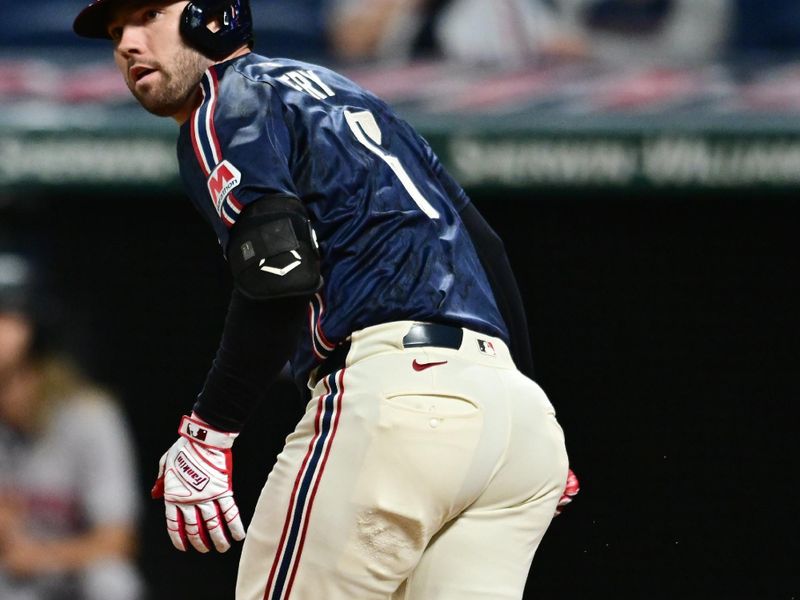 Sep 27, 2024; Cleveland, Ohio, USA; Cleveland Guardians pinch hitter David Fry (6) hits an RBI double during the ninth inning against the Houston Astros at Progressive Field. Mandatory Credit: Ken Blaze-Imagn Images