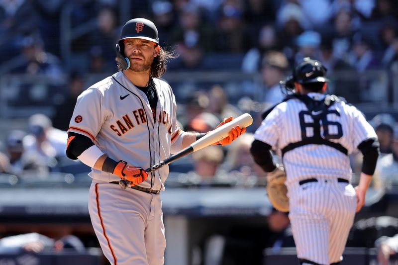 Apr 2, 2023; Bronx, New York, USA; San Francisco Giants shortstop Brandon Crawford (35) reacts after striking out during the second inning against the New York Yankees at Yankee Stadium. Mandatory Credit: Brad Penner-USA TODAY Sports