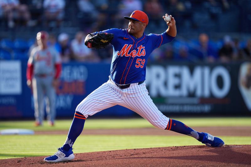 Mar 19, 2024; Port St. Lucie, Florida, USA; New York Mets relief pitcher Sean Manaea (59) throws a pitch against the St. Louis Cardinals during the first inning at Clover Park. Mandatory Credit: Rich Storry-USA TODAY Sports