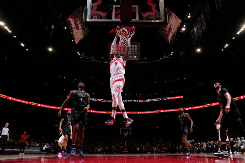 TORONTO, CANADA - MARCH 5:  RJ Barrett #9 of the Toronto Raptors goes to the basket during the game on March 5, 2024 at the Scotiabank Arena in Toronto, Ontario, Canada.  NOTE TO USER: User expressly acknowledges and agrees that, by downloading and or using this Photograph, user is consenting to the terms and conditions of the Getty Images License Agreement.  Mandatory Copyright Notice: Copyright 2024 NBAE (Photo by Mark Blinch/NBAE via Getty Images)