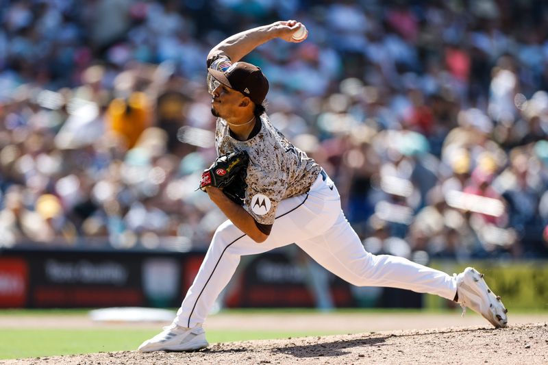 Aug 4, 2024; San Diego, California, USA; San Diego Padres relief pitcher Jeremiah Estrada (56) throws a pitch during the eighth inning against the Colorado Rockies  at Petco Park. Mandatory Credit: David Frerker-USA TODAY Sports