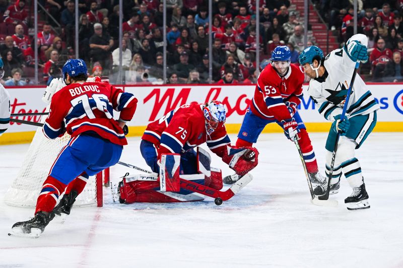 Mar 14, 2026; Montreal, Quebec, CAN; Montreal Canadiens goalie Jakub Dobes (75) makes a save against San Jose Sharks left wing Kiefer Sherwood (44) during the third period at Bell Centre. Mandatory Credit: David Kirouac-Imagn Images Mar 14, 2026; Montreal, Quebec, CAN; Montreal Canadiens goalie Jakub Dobes (75) makes a save against San Jose Sharks left wing Kiefer Sherwood (44) during the third period at Bell Centre. Mandatory Credit: David Kirouac-Imagn Images