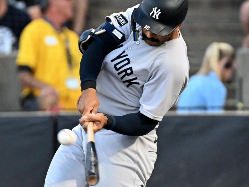 Aug 20, 2025; St. Petersburg, Florida, USA; New York Yankees center fielder Trent Grisham (12) hits a solo home run in the first inning against the Tampa Bay Rays  at George M. Steinbrenner Field. Mandatory Credit: Jonathan Dyer-Imagn Images