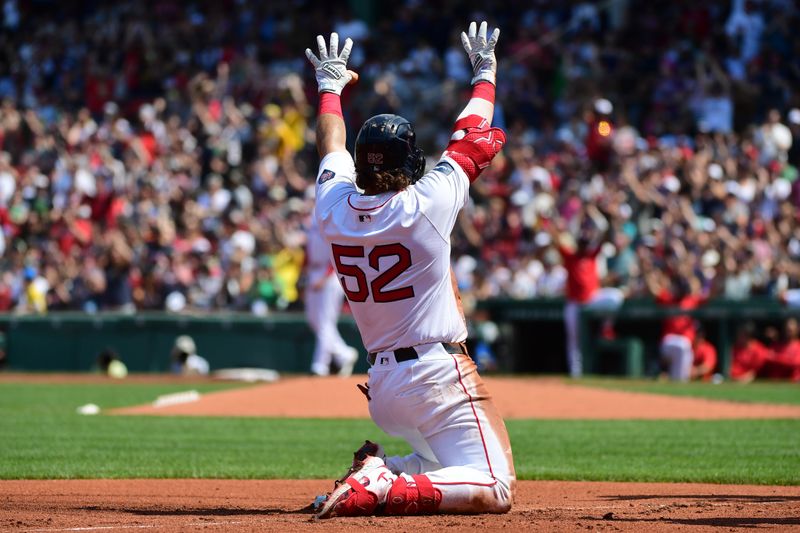 May 26, 2024; Boston, Massachusetts, USA;  Boston Red Sox right fielder Wilyer Abreu (52) reacts after hitting a triple during the fourth inning against the Milwaukee Brewers at Fenway Park. Mandatory Credit: Bob DeChiara-USA TODAY Sports