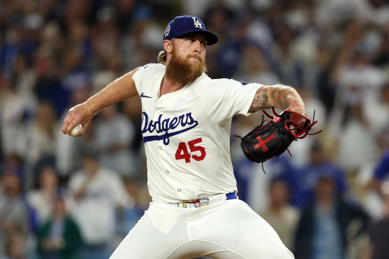 Sep 11, 2024; Los Angeles, California, USA;  Los Angeles Dodgers relief pitcher Michael Kopech (45) pitches during the ninth inning against the Chicago Cubs at Dodger Stadium. Mandatory Credit: Kiyoshi Mio-Imagn Images