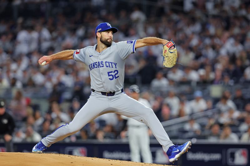 Oct 5, 2024; Bronx, New York, USA; Kansas City Royals pitcher Michael Wacha (52) throws a pitch during the first inning against New York Yankees during game one of the ALDS for the 2024 MLB Playoffs at Yankee Stadium. Mandatory Credit: Brad Penner-Imagn Images