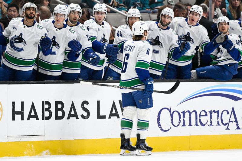 Nov 28, 2025; San Jose, California, USA; Vancouver Canucks right winger Brock Boeser (6) celebrates their goal with teammates against the San Jose Sharks in the first period at SAP Center at San Jose. Mandatory Credit: Eakin Howard-Imagn Images
