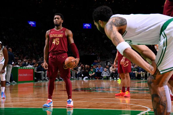 BOSTON, MA - DECEMBER 14: Donovan Mitchell #45 of the Cleveland Cavaliers prepares to shoot a free throw during the game against the Boston Celtics on December 14, 2023 at the TD Garden in Boston, Massachusetts. NOTE TO USER: User expressly acknowledges and agrees that, by downloading and or using this photograph, User is consenting to the terms and conditions of the Getty Images License Agreement. Mandatory Copyright Notice: Copyright 2023 NBAE  (Photo by Brian Babineau/NBAE via Getty Images)