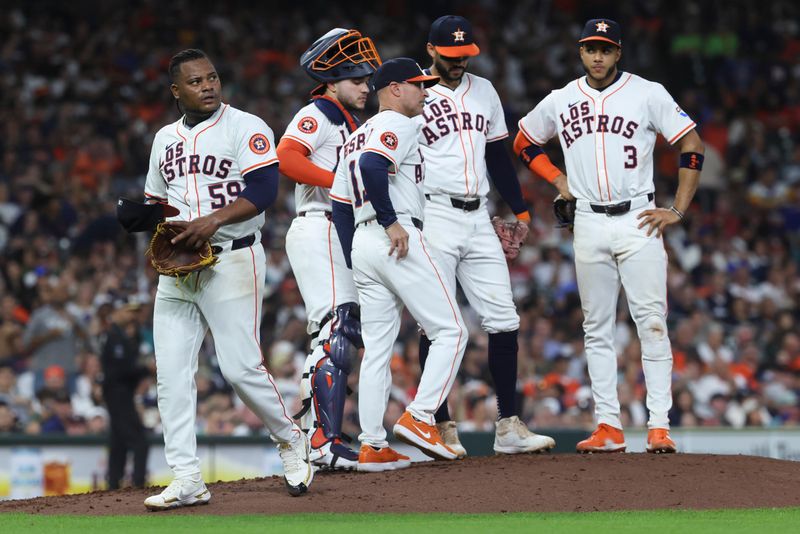 Sep 20, 2025; Houston, Texas, USA; Houston Astros starting pitcher Framber Valdez (59) walks off the mound after a pitching change during the fifth inning against the Seattle Mariners at Daikin Park. Mandatory Credit: Troy Taormina-Imagn Images