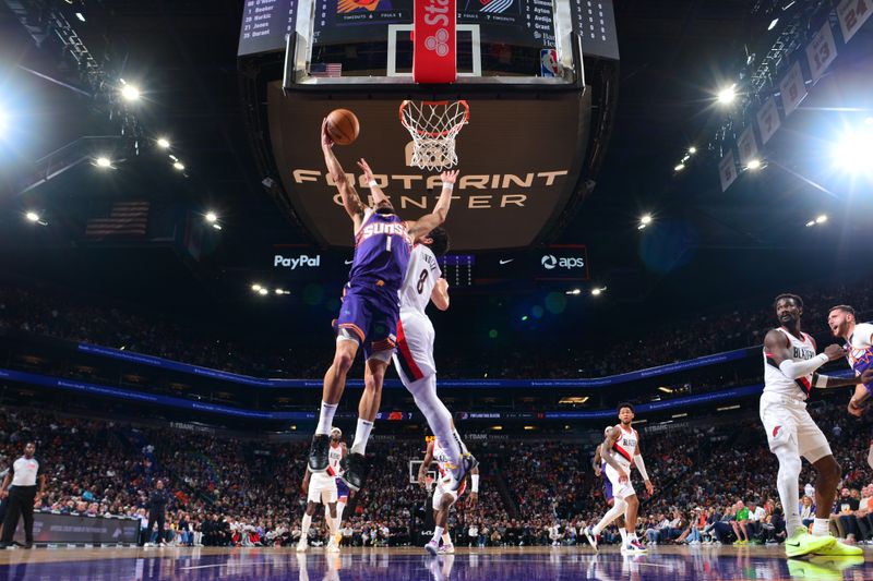 PHOENIX, AZ - NOVEMBER 2: Devin Booker #1 of the Phoenix Suns drives to the basket during the game against the Portland Trail Blazers on November 2, 2024 at Footprint Center in Phoenix, Arizona. NOTE TO USER: User expressly acknowledges and agrees that, by downloading and or using this photograph, user is consenting to the terms and conditions of the Getty Images License Agreement. Mandatory Copyright Notice: Copyright 2024 NBAE (Photo by Kate Frese/NBAE via Getty Images)