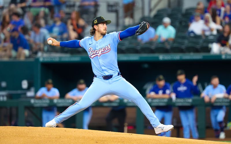 May 19, 2024; Arlington, Texas, USA; Texas Rangers pitcher Michael Lorenzen (23) throws during the first inning against the Los Angeles Angels at Globe Life Field. Mandatory Credit: Kevin Jairaj-USA TODAY Sports