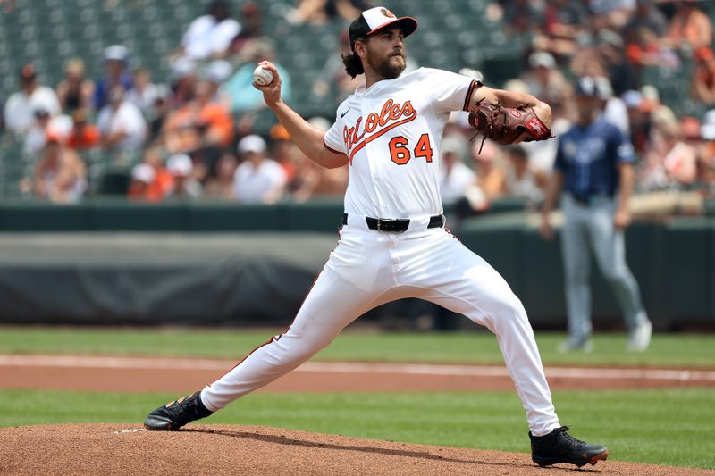Jun 29, 2025; Baltimore, Maryland, USA; Baltimore Orioles pitcher Dean Kremer (64) throws during the first inning against the Tampa Bay Rays at Oriole Park at Camden Yards. Mandatory Credit: Daniel Kucin Jr.-Imagn Images