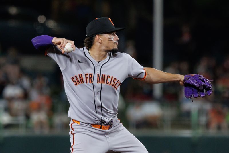 Jul 6, 2025; West Sacramento, California, USA; San Francisco Giants shortstop Willy Adames (2) throws to first base for an out during the ninth inning against the Athletics at Sutter Health Park. Mandatory Credit: Sergio Estrada-Imagn Images