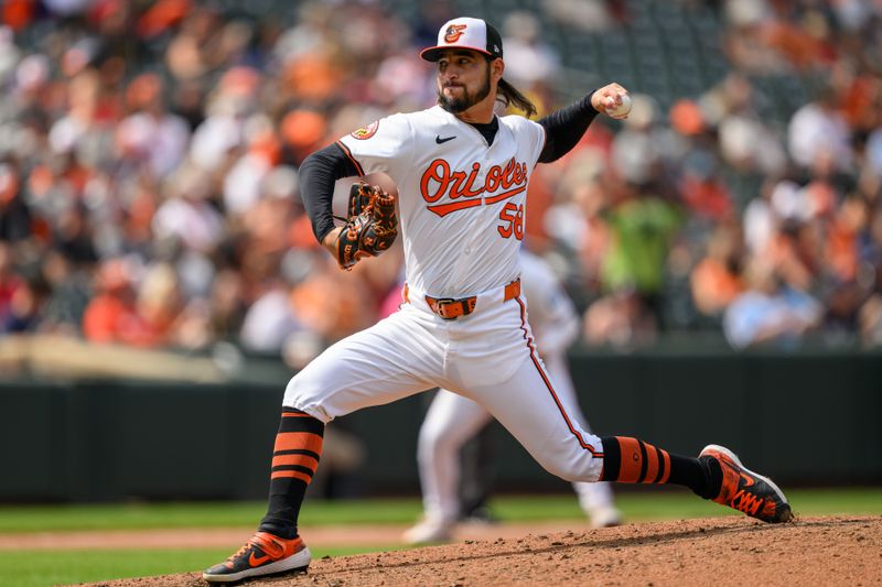 Aug 18, 2024; Baltimore, Maryland, USA; Baltimore Orioles pitcher Cionel Pérez (58) throws a pitch during the sixth inning against the Boston Red Sox at Oriole Park at Camden Yards. Mandatory Credit: Reggie Hildred-USA TODAY Sports