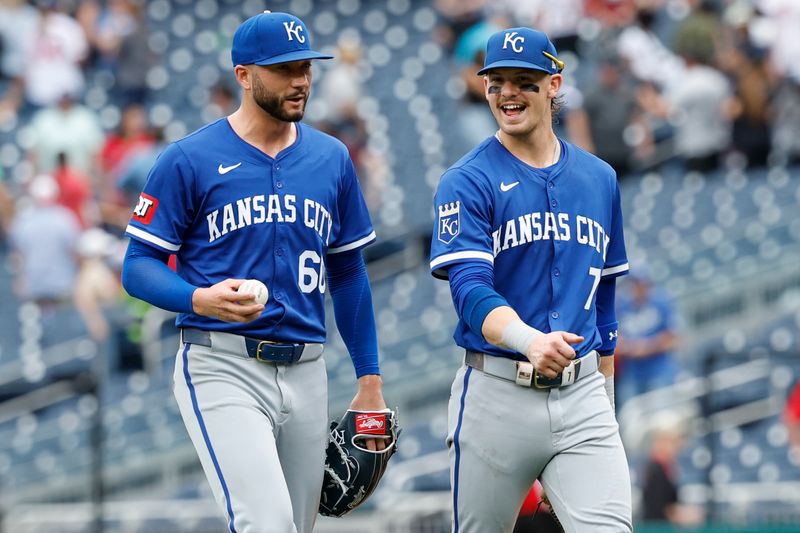 Sep 26, 2024; Washington, District of Columbia, USA; Kansas City Royals shortstop Bobby Witt Jr. (7) celebrates with Royals pitcher Lucas Erceg (60) after their game against the Washington Nationals at Nationals Park. Mandatory Credit: Geoff Burke-Imagn Images