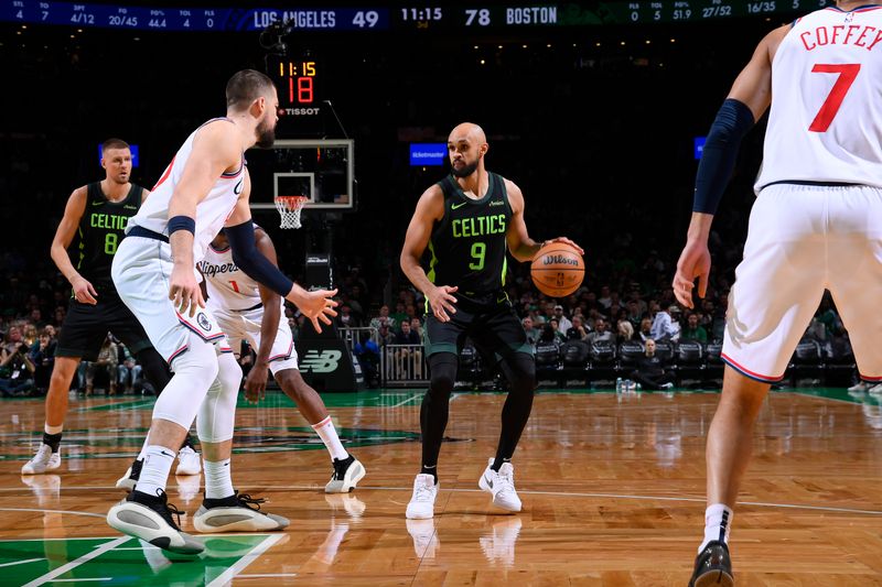 BOSTON, MA - NOVEMBER 25: Derrick White #9 of the Boston Celtics handles the ball during the game against the LA Clippers on November 25, 2024 at TD Garden in Boston, Massachusetts. NOTE TO USER: User expressly acknowledges and agrees that, by downloading and/or using this Photograph, user is consenting to the terms and conditions of the Getty Images License Agreement. Mandatory Copyright Notice: Copyright 2024 NBAE (Photo by Brian Babineau/NBAE via Getty Images)