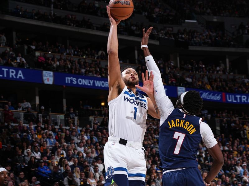 DENVER, CO - APRIL 10: Kyle Anderson #1 of the Minnesota Timberwolves drives to the basket during the game against the Denver Nuggets on April 10, 2024 at the Ball Arena in Denver, Colorado. NOTE TO USER: User expressly acknowledges and agrees that, by downloading and/or using this Photograph, user is consenting to the terms and conditions of the Getty Images License Agreement. Mandatory Copyright Notice: Copyright 2024 NBAE (Photo by Garrett Ellwood/NBAE via Getty Images)