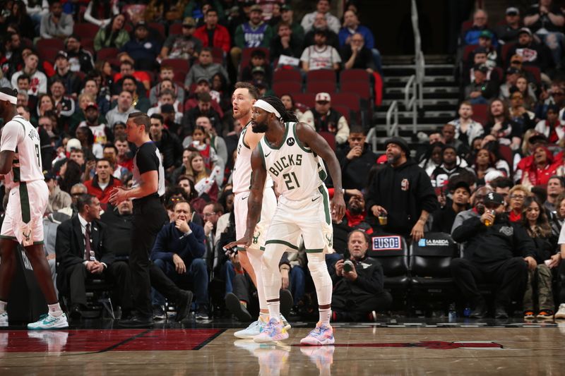 CHICAGO, IL - MARCH 1: Patrick Beverley #21 of the Milwaukee Bucks celebrates during the game against the Chicago Bulls on March 1, 2024 at United Center in Chicago, Illinois. NOTE TO USER: User expressly acknowledges and agrees that, by downloading and or using this photograph, User is consenting to the terms and conditions of the Getty Images License Agreement. Mandatory Copyright Notice: Copyright 2024 NBAE (Photo by Gary Dineen/NBAE via Getty Images)