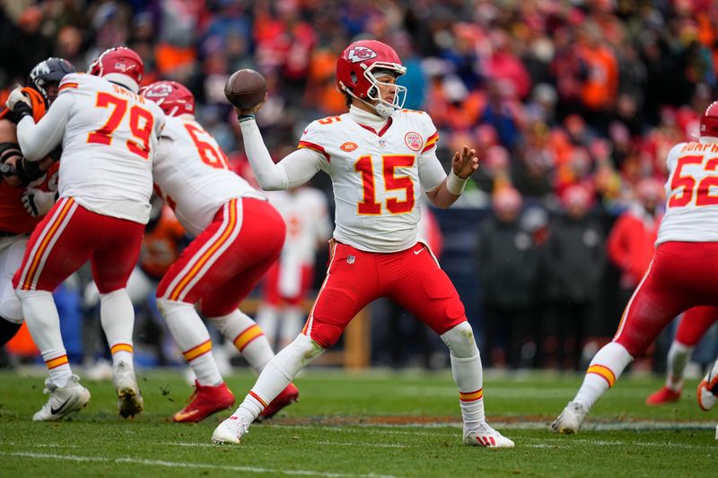 Kansas City Chiefs quarterback Patrick Mahomes (15) throws during the second half of an NFL football game against the Denver Broncos Sunday, Oct. 29, 2023, in Denver. (AP Photo/Jack Dempsey)