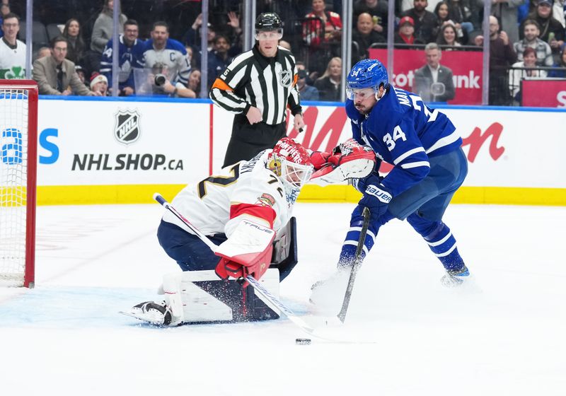 Jan 6, 2026; Toronto, Ontario, CAN; Toronto Maple Leafs center Auston Matthews (34) attempts a shot on Florida Panthers goaltender Sergei Bobrovsky (72) during the first period at Scotiabank Arena. Mandatory Credit: Nick Turchiaro-Imagn Images