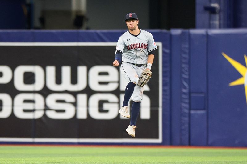 Jul 13, 2024; St. Petersburg, Florida, USA; Cleveland Guardians outfielder Tyler Freeman (2) celebrates after beating the Tampa Bay Rays  at Tropicana Field. Mandatory Credit: Nathan Ray Seebeck-USA TODAY Sports