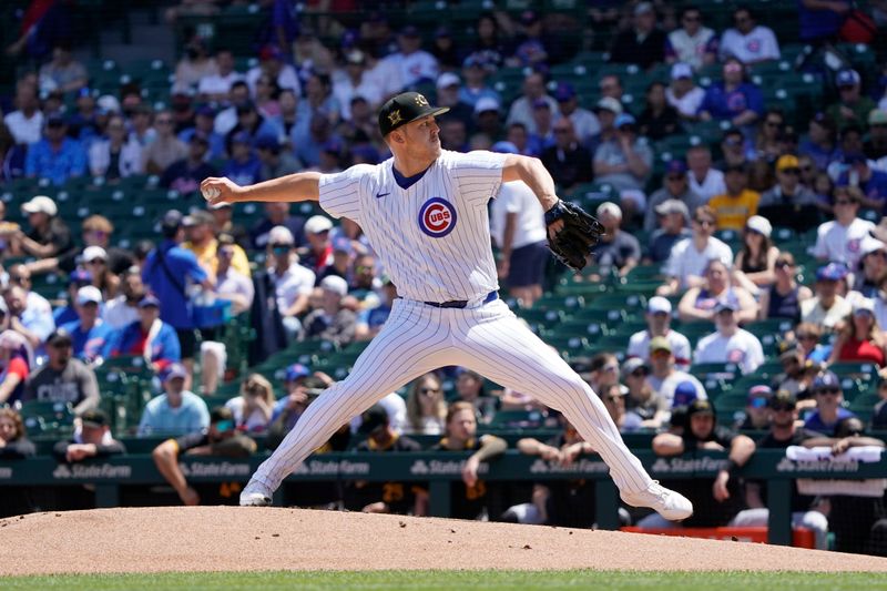 May 19, 2024; Chicago, Illinois, USA; Chicago Cubs pitcher Jameson Taillon (50) throws the ball against the Pittsburgh Pirates during the first inning at Wrigley Field. Mandatory Credit: David Banks-USA TODAY Sports