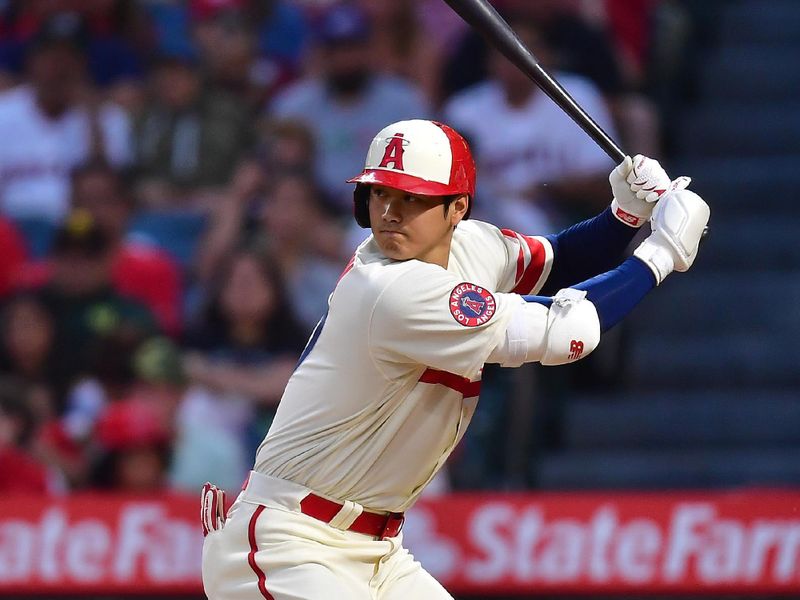 Jul 1, 2023; Anaheim, California, USA; Los Angeles Angels designated hitter Shohei Ohtani (17) hits against the Arizona Diamondbacks during the fourth inning at Angel Stadium. Mandatory Credit: Gary A. Vasquez-USA TODAY Sports